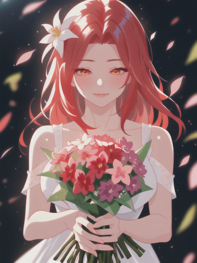 a closeup picture of a woman having a flower bouquet in front of her, 1girl, solo, flower, long hair, blurry, red hair, blurry background, bouquet, holding, upper body