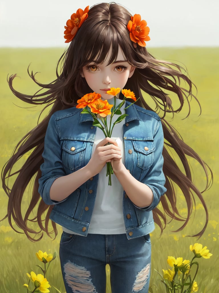 an image a girl with an orange jacket, holding a flower and the grass, 1girl, solo, denim jacket, flower, long hair, holding flower, hair ornament, realistic, hair flower, holding,HoloDayo XL,Niji XL