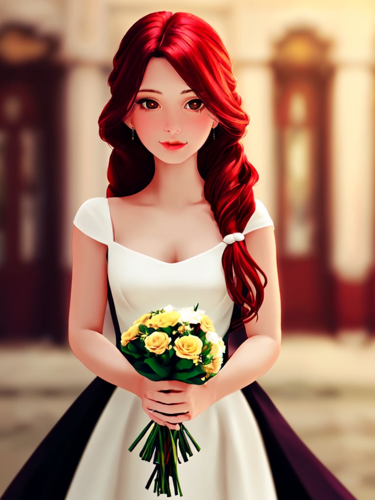 a closeup picture of a woman having a flower bouquet in front of her, 1girl, solo, flower, long hair, blurry, red hair, blurry background, bouquet, holding, upper body