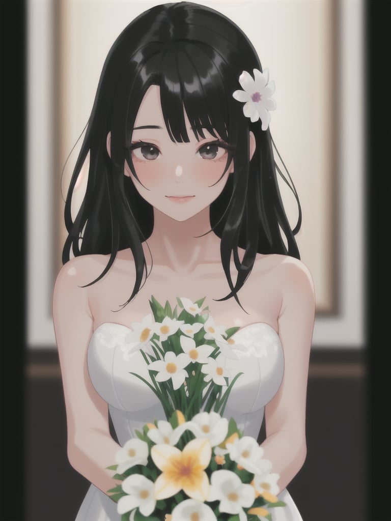 a closeup picture of a woman having a flower bouquet in front of her, 1girl, solo, flower, long hair, blurry, black hair, blurry background, bouquet, holding, upper body