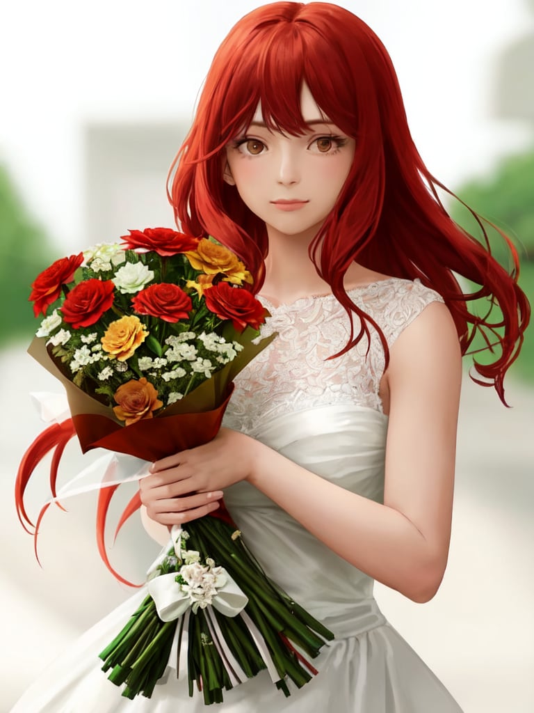 a closeup picture of a woman having a flower bouquet in front of her, 1girl, solo, flower, long hair, blurry, red hair, blurry background, bouquet, holding, upper body