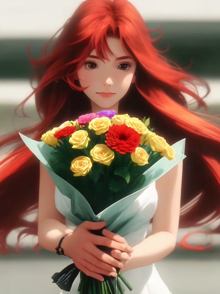 a closeup picture of a woman having a flower bouquet in front of her, 1girl, solo, flower, long hair, blurry, red hair, blurry background, bouquet, holding, upper body