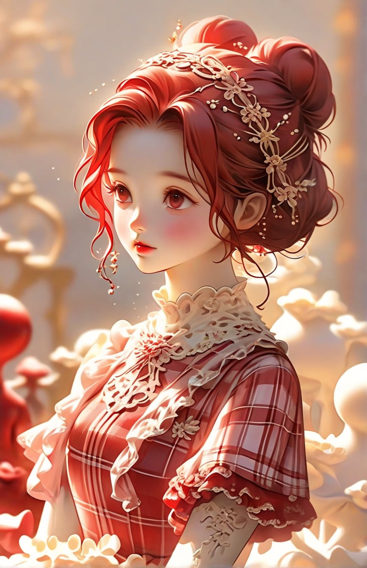 The image depicts a figure looking up, featuring detailed red hair tied into a messy bun. The hair is adorned with small, decorative red hairbands. The figure is wearing a plaid shirt in shades of red and cream. The art style is delicate and imaginative, capturing soft colors and gentle lines to create a warm and charming aesthetic.