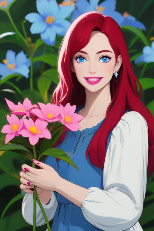 woman in a pink smock holding a flower in her teeth and to hold it, she's smiling, 1girl, solo, long hair, flower, realistic, red hair, looking at viewer, nail polish, blue eyes, LowKeyLights, 