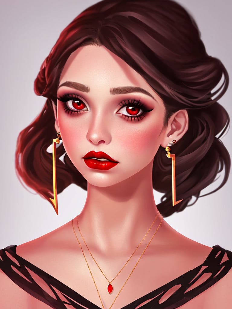 the girl has a little bit of makeup on her face and her hair looks real, 1girl, solo, jewelry, earrings, looking at viewer, necklace, parted lips, simple background, red lips