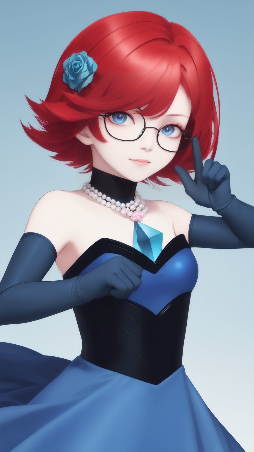 red hair,short hair,blue eye shadow,green triangular frame glasses,blue pearl necklace,pink lips,blue eyes, velvet, blue gloves, strapless dress, blue dress, strapless, elbow gloves, bare shoulders, dress, gloves, blu3v3lv3t,best quality