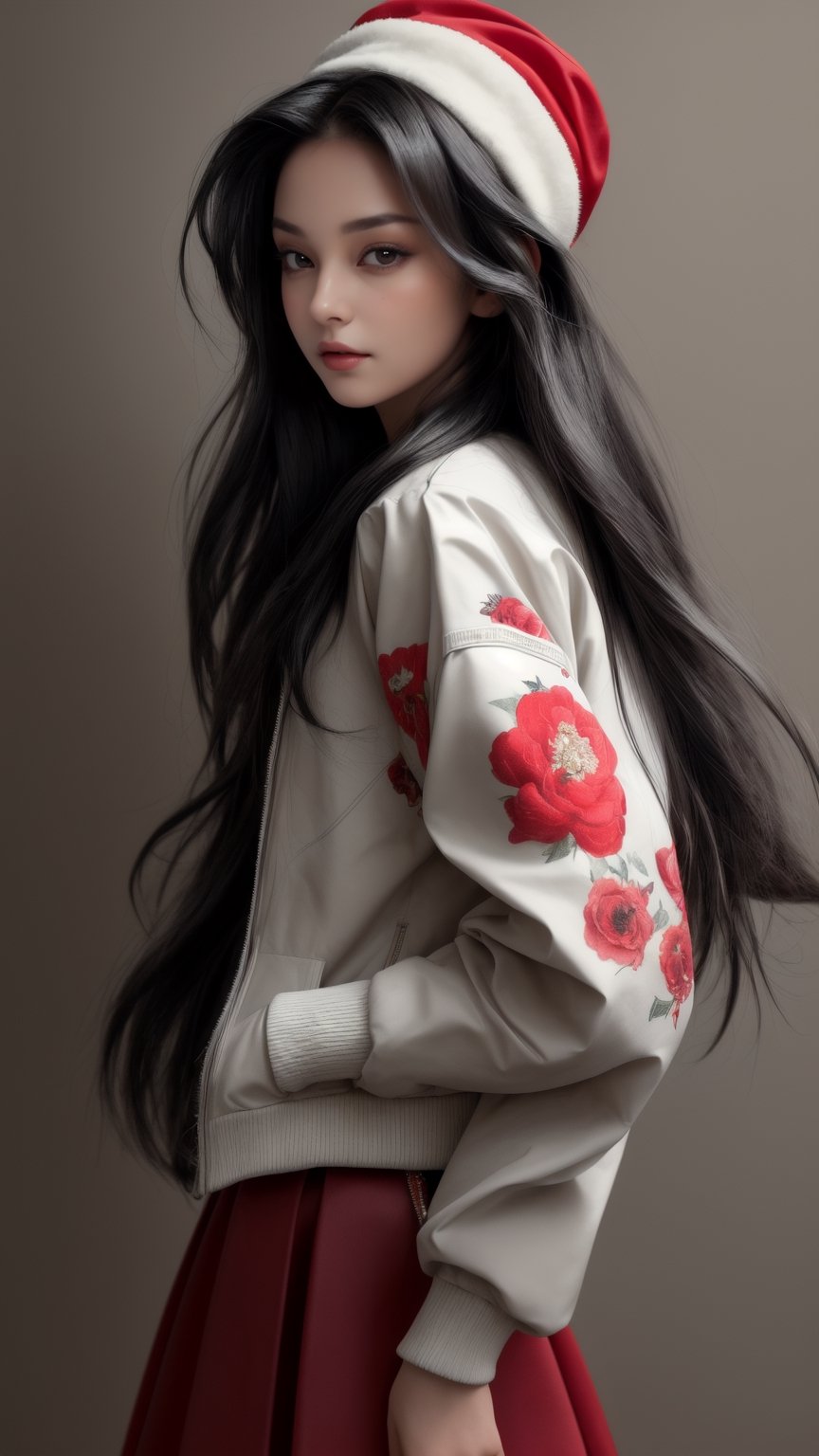 ((Masterpiece)), ((Best Quality)), ((Extremely Detailed)), ((Looking Away)), Photo Background, Realistic, ((Drooping Eyes)), ((Black Hair)), ((Long Hair) ))), ((9 years))), realistic, ((from top))), girl wearing a red jacket and a red skirt with a floral pattern and standing in front of a white wall wearing a red jacket, one girl, alone, hat, skirt, headdress Hooded jacket