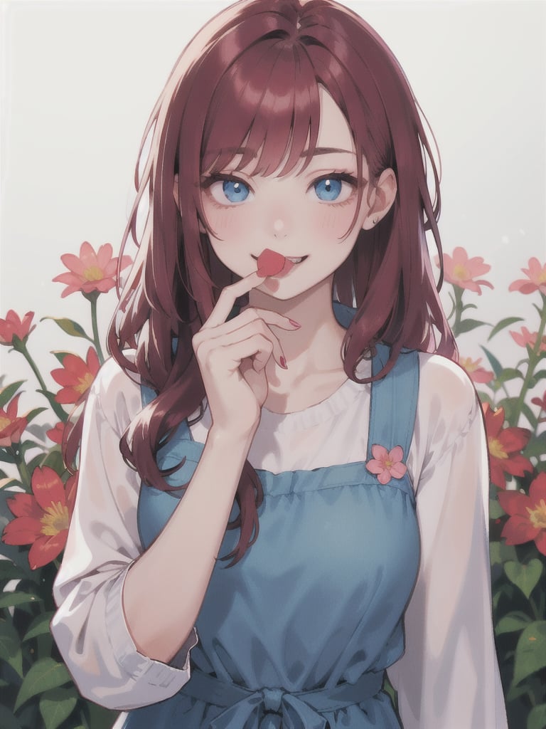 woman in a pink smock holding a flower in her teeth and to hold it, she's smiling, 1girl, solo, long hair, flower, realistic, red hair, looking at viewer, nail polish, blue eyes, LowKeyLights, 