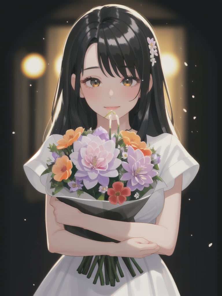 a closeup picture of a woman having a flower bouquet in front of her, 1girl, solo, flower, long hair, blurry, black hair, blurry background, bouquet, holding, upper body