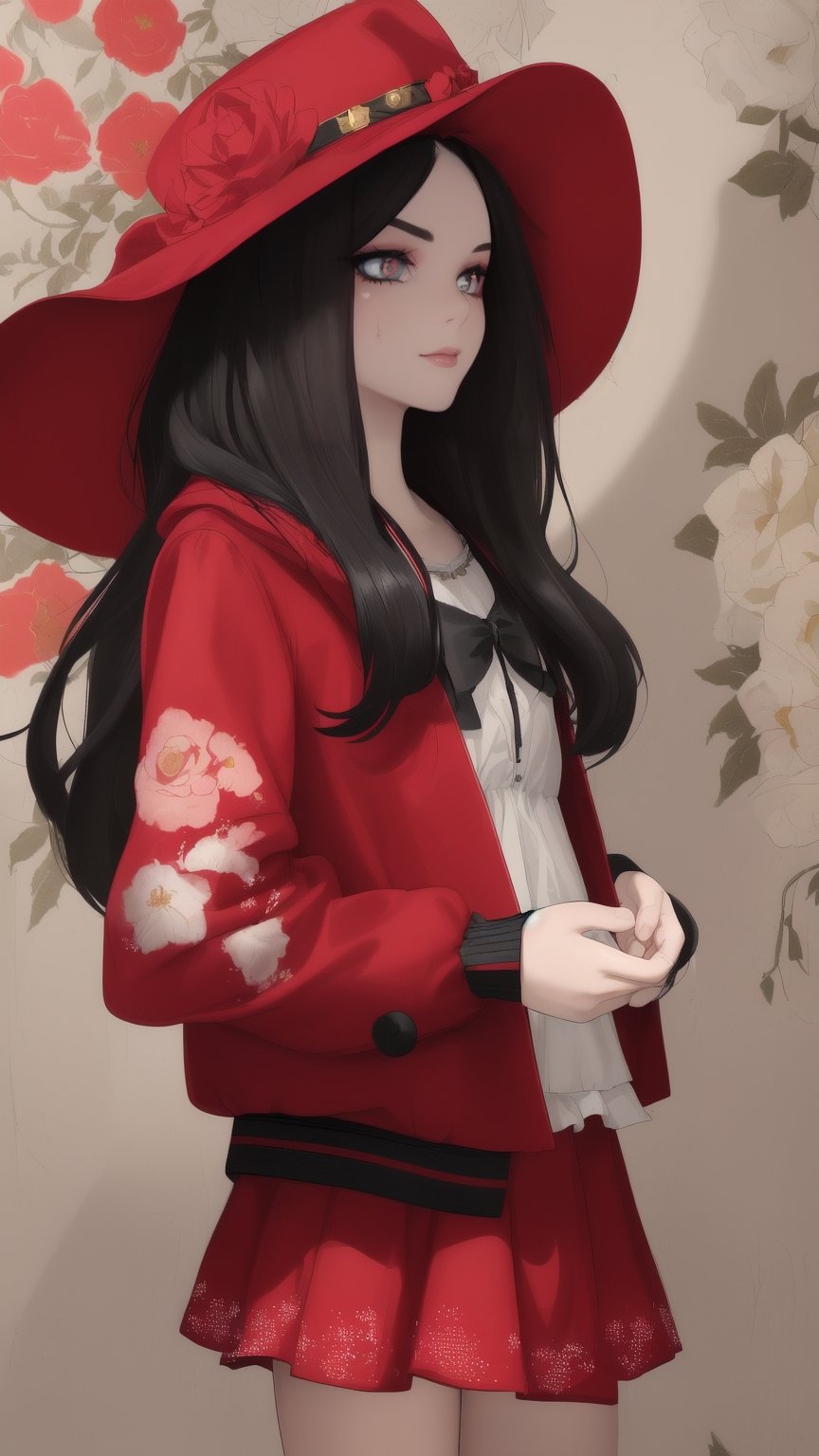 ((Masterpiece)), ((Best Quality)), ((Extremely Detailed)), ((Looking Away)), Photo Background, Realistic, ((Drooping Eyes)), ((Black Hair)), ((Long Hair) ))), ((9 years))), realistic, ((from top))), girl wearing a red jacket and a red skirt with a floral pattern and standing in front of a white wall wearing a red jacket, one girl, alone, hat, skirt, headdress Hooded jacket,mature female,masterpiece