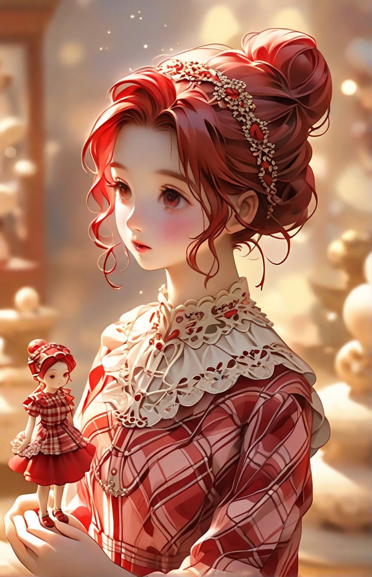 The image depicts a figure looking up, featuring detailed red hair tied into a messy bun. The hair is adorned with small, decorative red hairbands. The figure is wearing a plaid shirt in shades of red and cream. The art style is delicate and imaginative, capturing soft colors and gentle lines to create a warm and charming aesthetic.