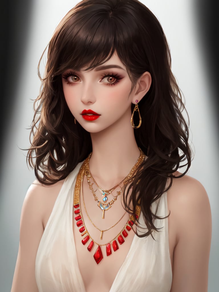 the girl has a little bit of makeup on her face and her hair looks real, 1girl, solo, jewelry, earrings, looking at viewer, necklace, parted lips, simple background, red lips