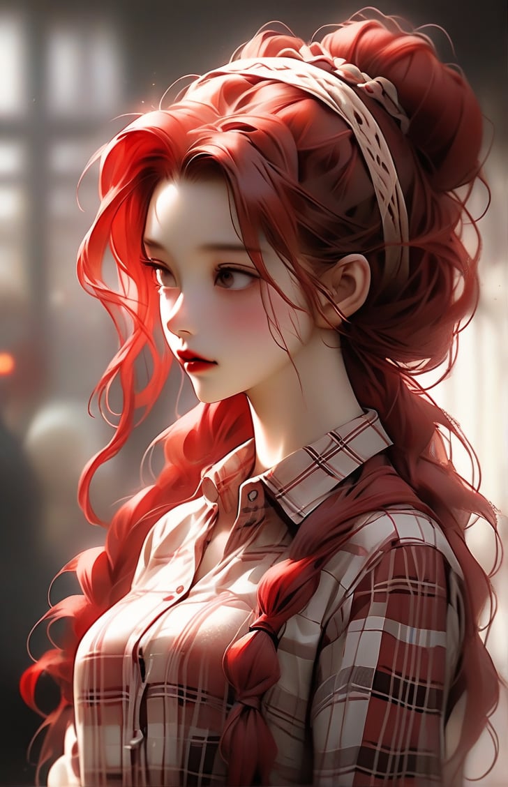 The image depicts a figure looking up, featuring detailed red hair tied into a messy bun. The hair is adorned with small, decorative red hairbands. The figure is wearing a plaid shirt in shades of red and cream. The art style is delicate and imaginative, capturing soft colors and gentle lines to create a warm and charming aesthetic.