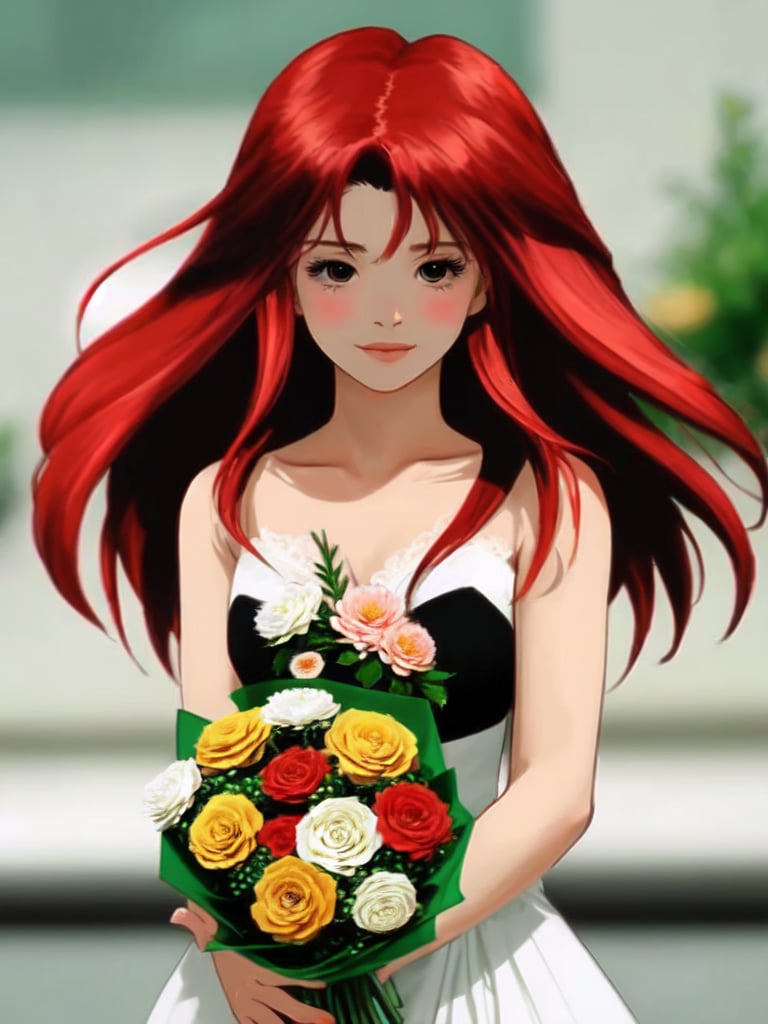 a closeup picture of a woman having a flower bouquet in front of her, 1girl, solo, flower, long hair, blurry, red hair, blurry background, bouquet, holding, upper body