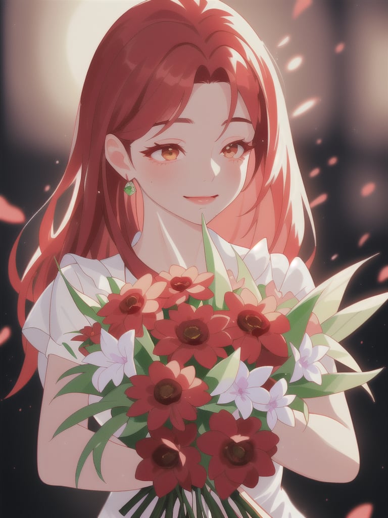 a closeup picture of a woman having a flower bouquet in front of her, 1girl, solo, flower, long hair, blurry, red hair, blurry background, bouquet, holding, upper body