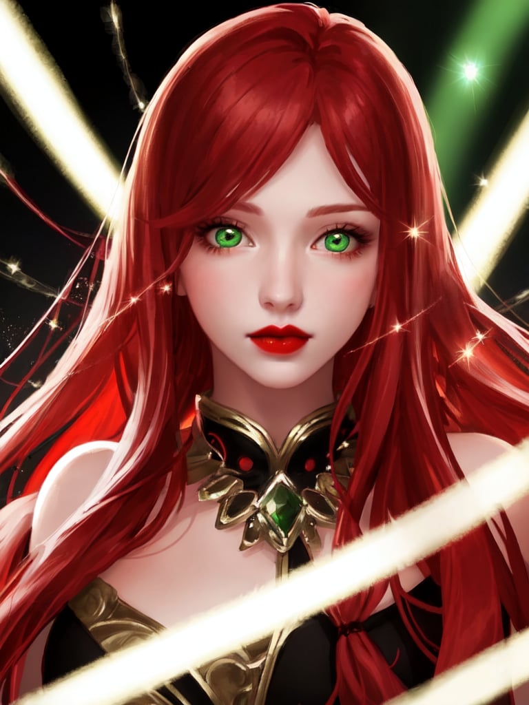 an illustration of a red haired woman with sparkling lights on her face, 1girl, solo, long hair, red hair, red lips, looking at viewer, lips, green eyes