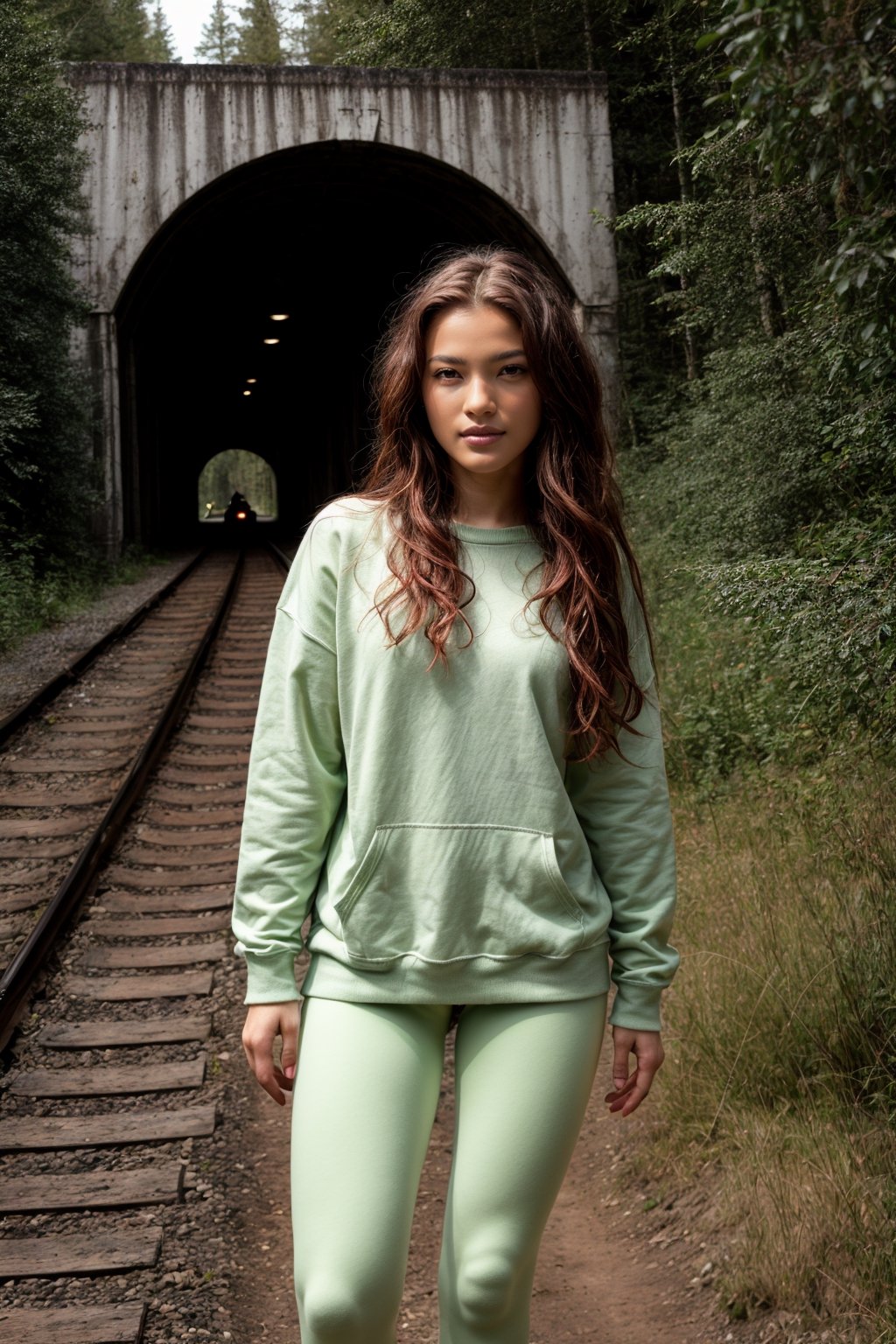 realhands Very detailed, high quality, masterpiece, beautiful and perfect eyes, photo realistic, (American shot) 14 year old teenager with long pink hair, light green eyes, small body, small breasts, knowing smile, short sweatshirt, leggings white socks, miner's boots, standing in a daring, challenging pose, outside an old railway tunnel in the middle of the thick forest, in the background the coniferous forest