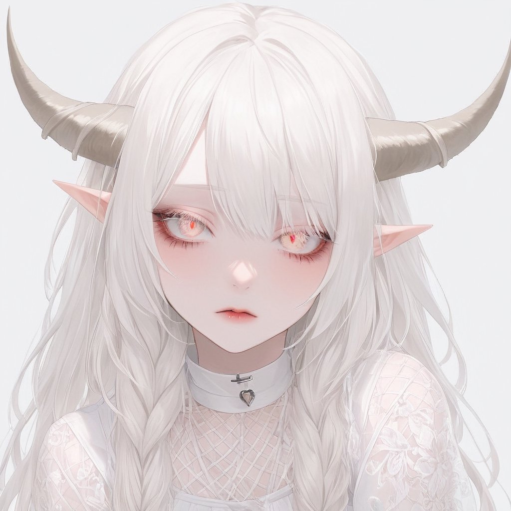 1 girl, albino demon girl with lethargic sleepy smokey eyes,(white dreadlocks hair),((slit pupil eyes)),mesh fishnet blouse, (long intricate horns:1.2) ,