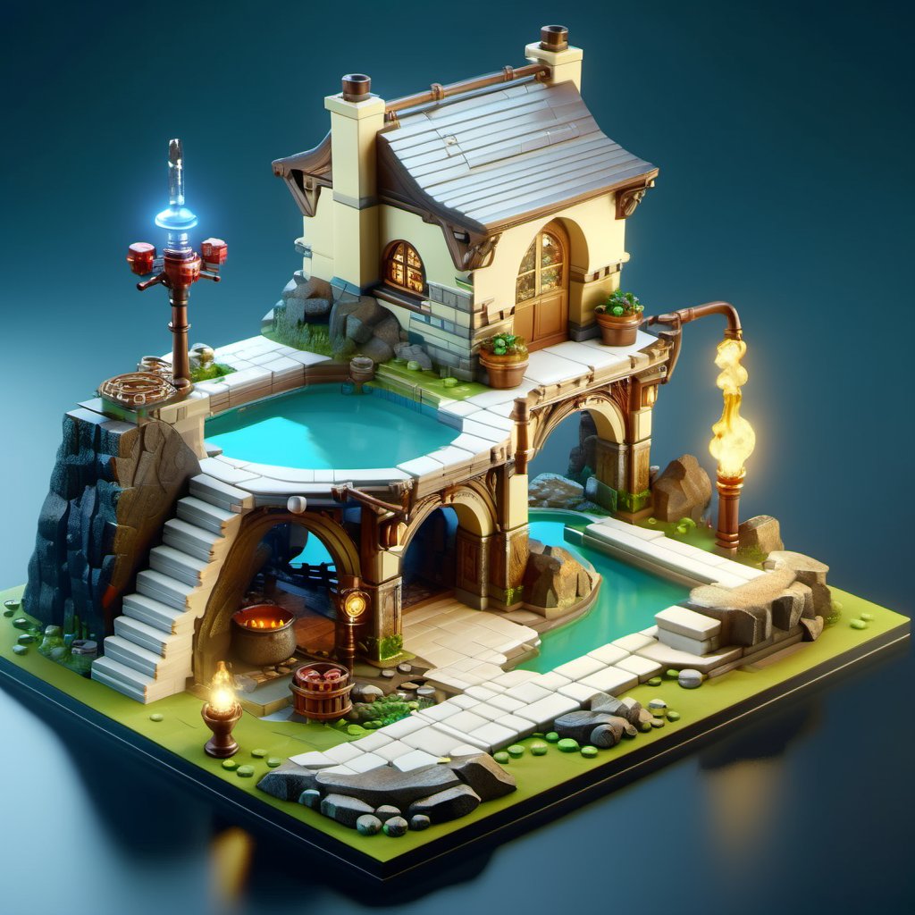 8k, RAW photos, top quality, masterpiece: 1.3),
A fantasy fairy village
, miniature, landscape, depth of field, ladder,  from above, English text,Ore, cave, torch,Underground lake, isometric style, simple background, white background,3d isometric,steampunk style,ff14bg,DonMSt33lM4g1cXL,DonMD0n7P4n1cXL,LEGO MiniFig