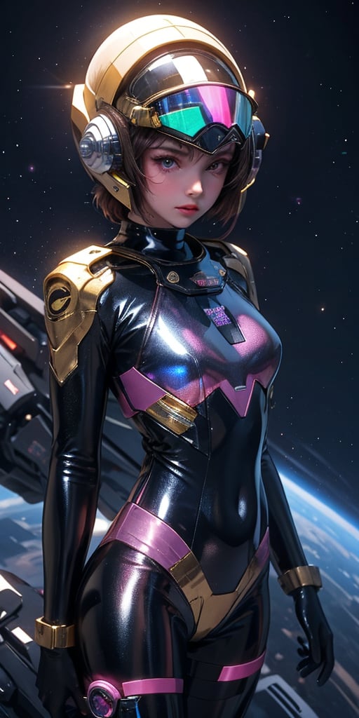 a girl, thunder yellow jacket, tight suit,Space helm of the 1960s,and the anime series G Force of the 1980s,Darf Punk wlop glossy skin, ultrarealistic sweet girl, space helm 60s, holographic, holographic texture, the style of wlop, space, ,helenadouglas