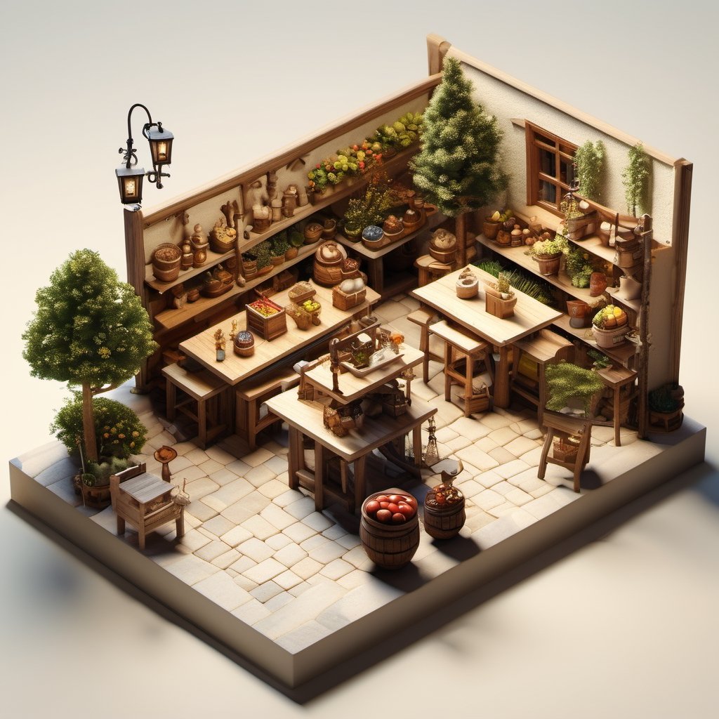 8k, RAW photos, top quality, masterpiece: 1.3),
 "Medieval Market
, miniature, landscape, depth of field, ladder, table, from above, English text, chair, lamp, coffee, architecture, tree, potted plants, isometric style, simple background, white background,3d isometric