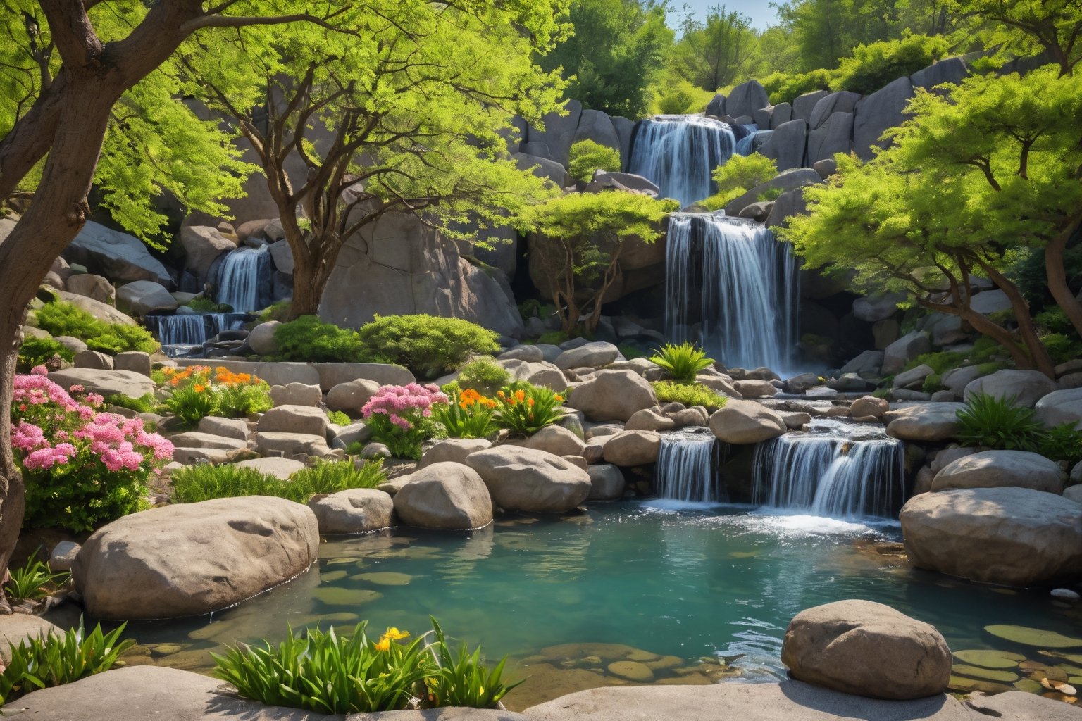 photo of a tranquil zen garden, calming scenery, trees, waterfall, flowers, rocks, spring, realistic, photorealistic, HDR, cinematic film still. no humans
