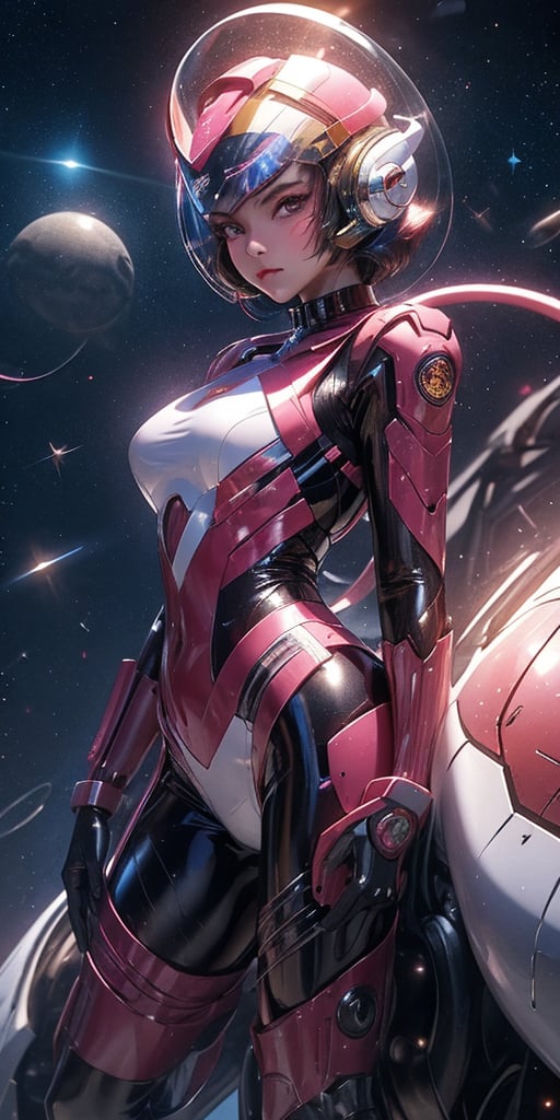 a girl, thunder yellow jacket, tight suit,Space helm of the 1960s,and the anime series G Force of the 1980s,Darf Punk wlop glossy skin, ultrarealistic sweet girl, space helm 60s, holographic, holographic texture, the style of wlop, space, 