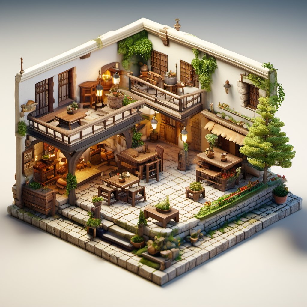 8k, RAW photos, top quality, masterpiece: 1.3),
 "Medieval Traveler's Inn
, miniature, landscape, depth of field, ladder, table, from above, English text, chair, lamp, coffee, architecture, tree, potted plants, isometric style, simple background, white background,3d isometric