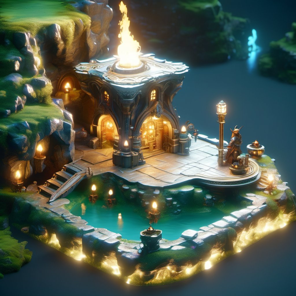 8k, RAW photos, top quality, masterpiece: 1.3),
A fantasy fairy village
, miniature, landscape, depth of field, ladder,  from above, English text,Ore, cave, torch,Underground lake, isometric style, simple background, white background,3d isometric,steampunk style,ff14bg,DonMSt33lM4g1cXL,DonMD0n7P4n1cXL