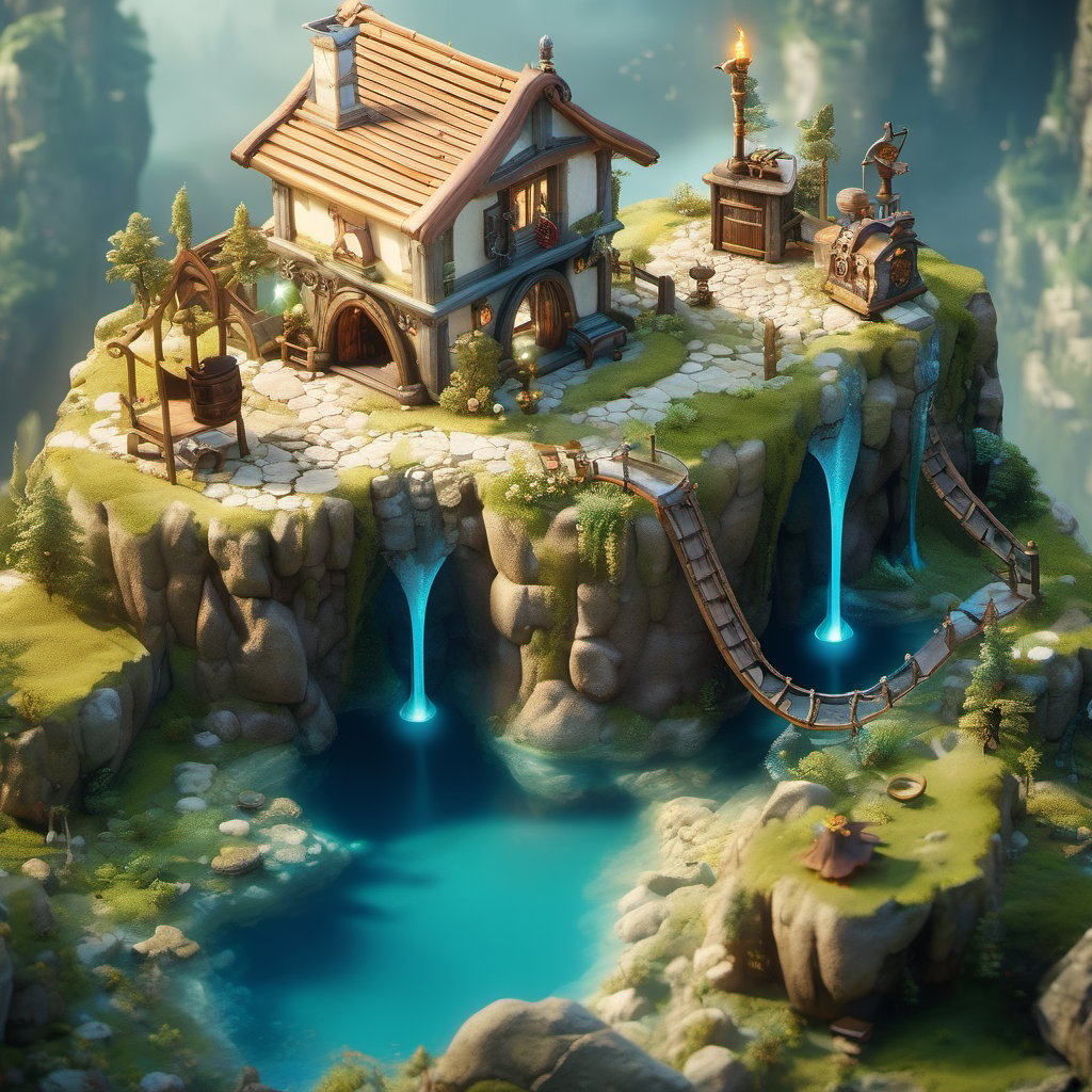 8k, RAW photos, top quality, masterpiece: 1.3),
A fantasy fairy village
, miniature, landscape, depth of field, ladder,  from above, English text,Ore, cave, torch,Underground lake, isometric style, simple background, white background,3d isometric,steampunk style,ff14bg,DonMSt33lM4g1cXL,DonMD0n7P4n1cXL