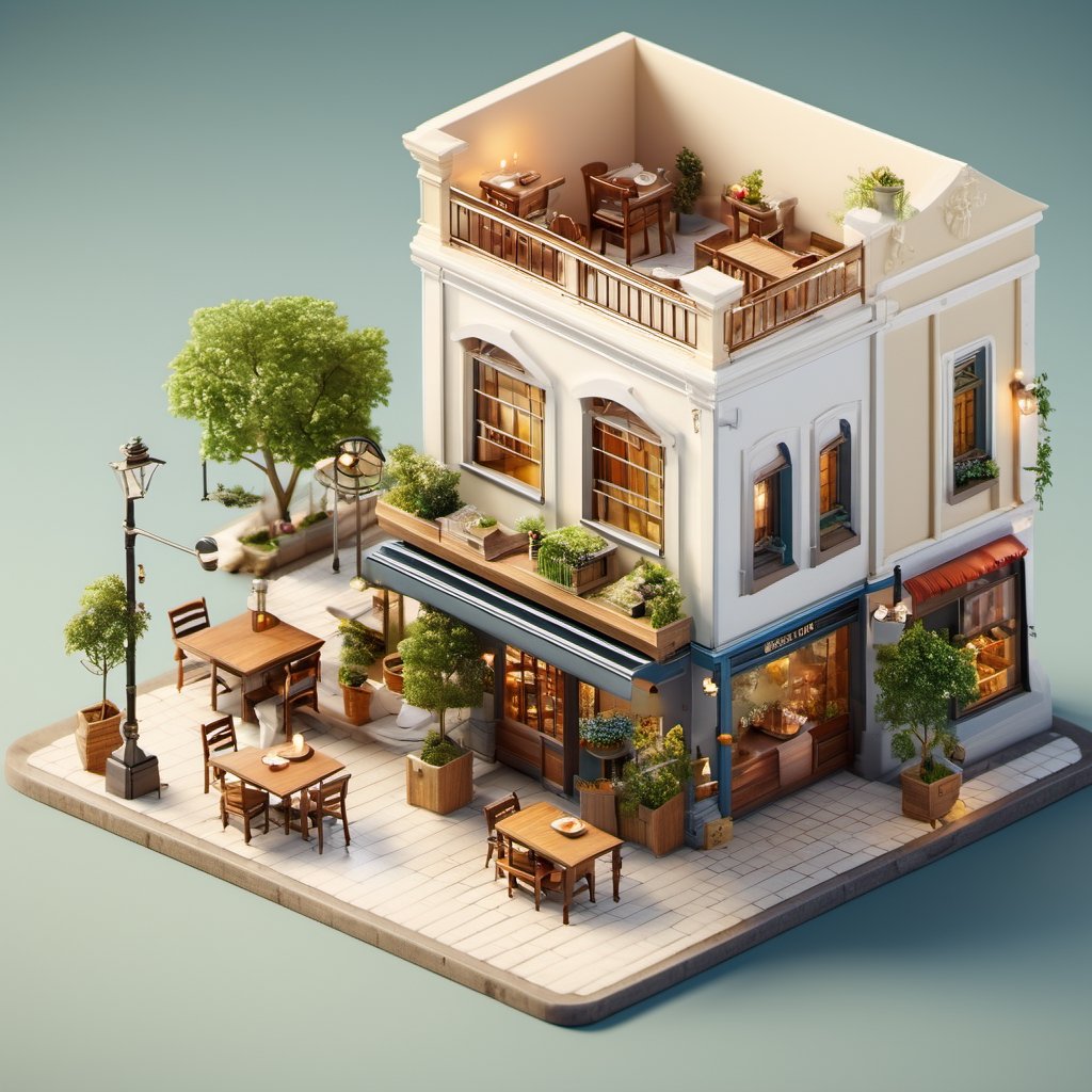 8k, RAW photos, top quality, masterpiece: 1.3),
 "Commercial buildings
, miniature, landscape, depth of field, ladder, table, from above, English text, chair, lamp, coffee, architecture, tree, potted plants, isometric style, simple background, white background,3d isometric
