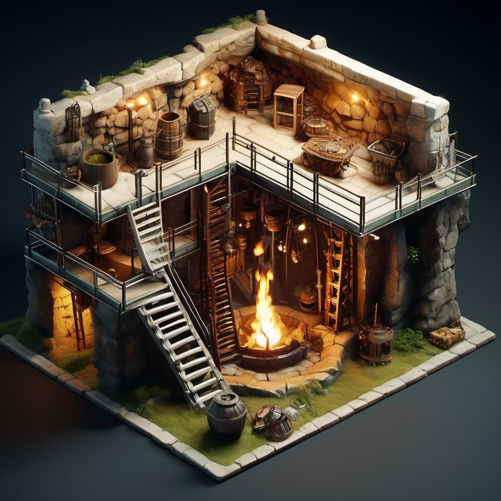 8k, RAW photos, top quality, masterpiece: 1.3),
medieval era ,Mine shaft underground
, miniature, landscape, depth of field, ladder,  from above, English text,Ore, cave, torch, isometric style, simple background, white background,3d isometric,steampunk style,ff14bg,DonMSt33lM4g1cXL,DonMD0n7P4n1cXL
