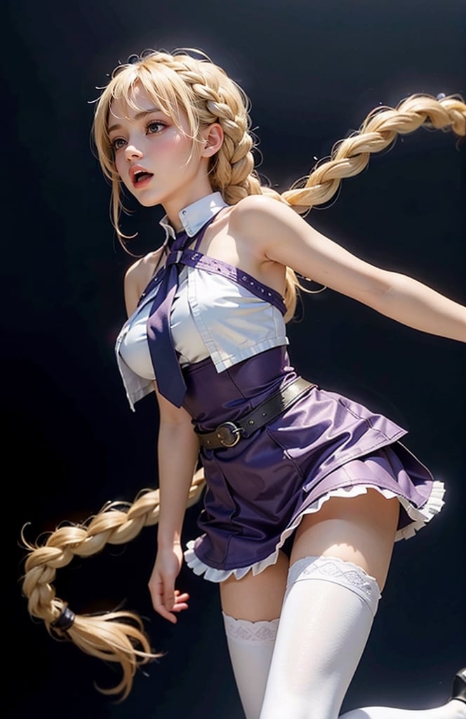 1girl,Long hair , (Long hair past waist braided into a single fishtail braid centered at the back),Layered Bangs, breasts, blush, open mouth, blonde hair, large breasts, thighhighs, bare shoulders,White sleeveless open-back blouse, purple eyes, braid , purple necktie , sleeveless, solo focus ,  clothing cutout, single braid, sideboob , breasts squeezed together , jeanne d'arc \(fate\),Nice legs and hot body,full-body photo,Perfect body,