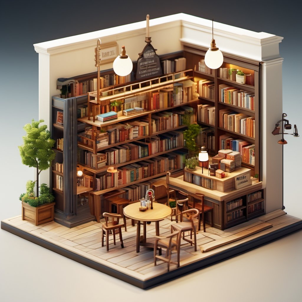 8k, RAW photos, top quality, masterpiece: 1.3),
 "A hybrid bookstore with a café
, miniature, landscape, depth of field, ladder, table, from above, English text, chair, lamp, coffee, architecture, tree, potted plants, isometric style, simple background, white background,3d isometric