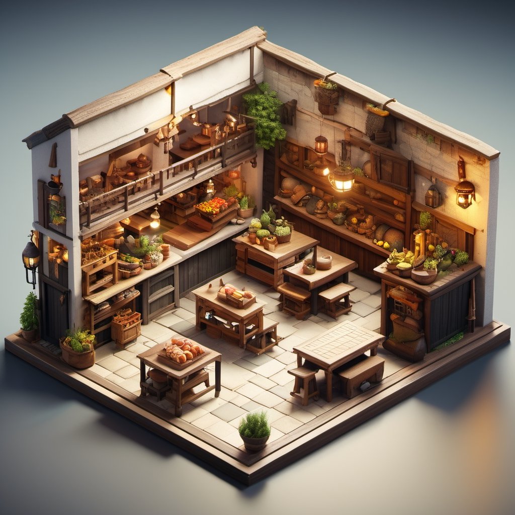 8k, RAW photos, top quality, masterpiece: 1.3),
 "different architecture,Medieval Traveler's Inn,Medieval Market
,Medieval Blacksmith Forge
,Medieval Fishmonger Stall
, miniature, landscape, depth of field, ladder, table, from above, English text, chair, lamp, coffee, architecture, tree, potted plants, isometric style, simple background, white background,3d isometric