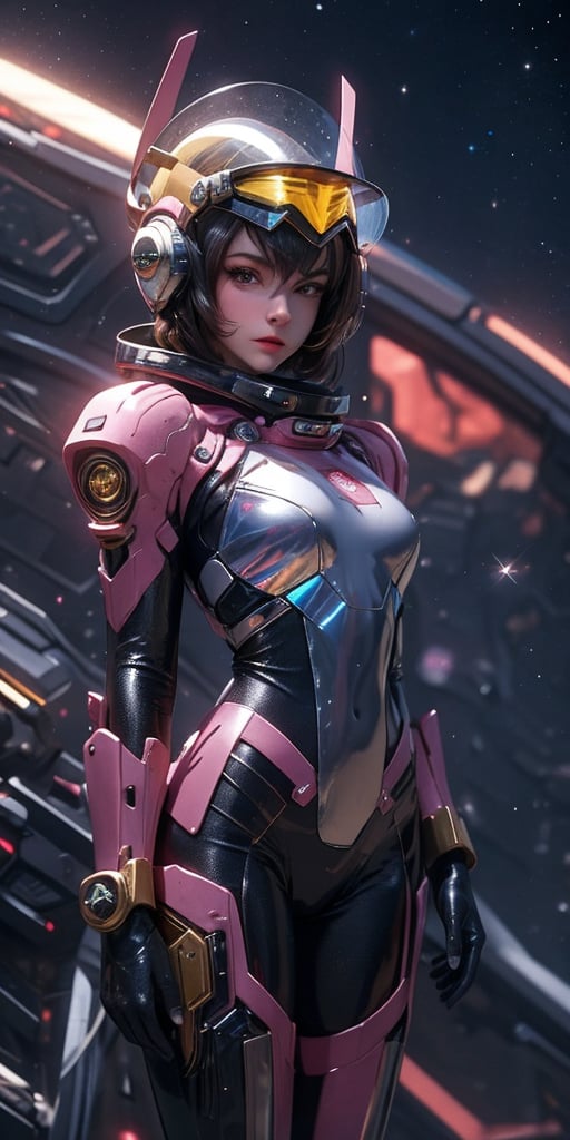 a girl, thunder yellow jacket, tight suit,Space helm of the 1960s,and the anime series G Force of the 1980s,Darf Punk wlop glossy skin, ultrarealistic sweet girl, space helm 60s, holographic, holographic texture, the style of wlop, space, ,helenadouglas
