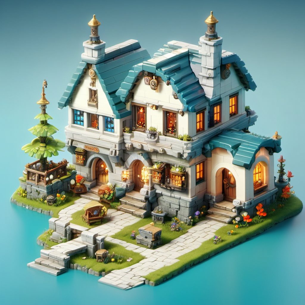 8k, RAW photos, top quality, masterpiece: 1.3),
A fantasy fairy village
, miniature, landscape, depth of field, ladder,  from above, English text,Ore, cave, torch,Underground lake, isometric style, simple background, white background,3d isometric,steampunk style,ff14bg,DonMSt33lM4g1cXL,DonMD0n7P4n1cXL,lego