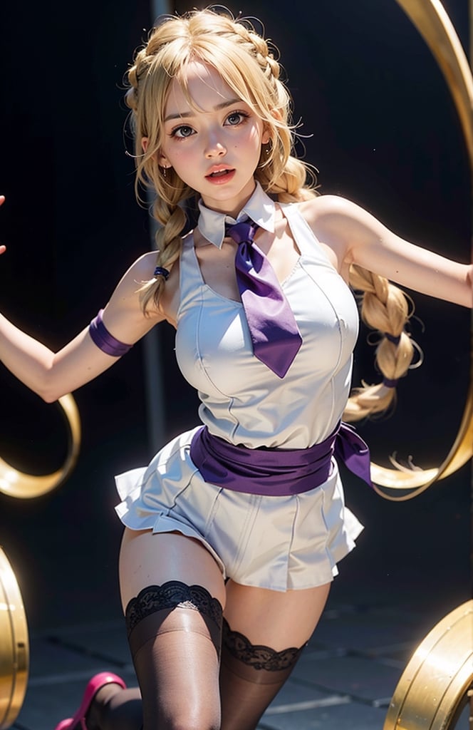 1girl,Long hair , (Long hair past waist braided into a single fishtail braid centered at the back),Layered Bangs, breasts, blush, open mouth, blonde hair, large breasts, thighhighs, bare shoulders,White sleeveless open-back blouse, purple eyes, braid , purple necktie , sleeveless, solo focus ,  clothing cutout, single braid, sideboob , breasts squeezed together , jeanne d'arc \(fate\),Nice legs and hot body,full-body photo,Perfect body,