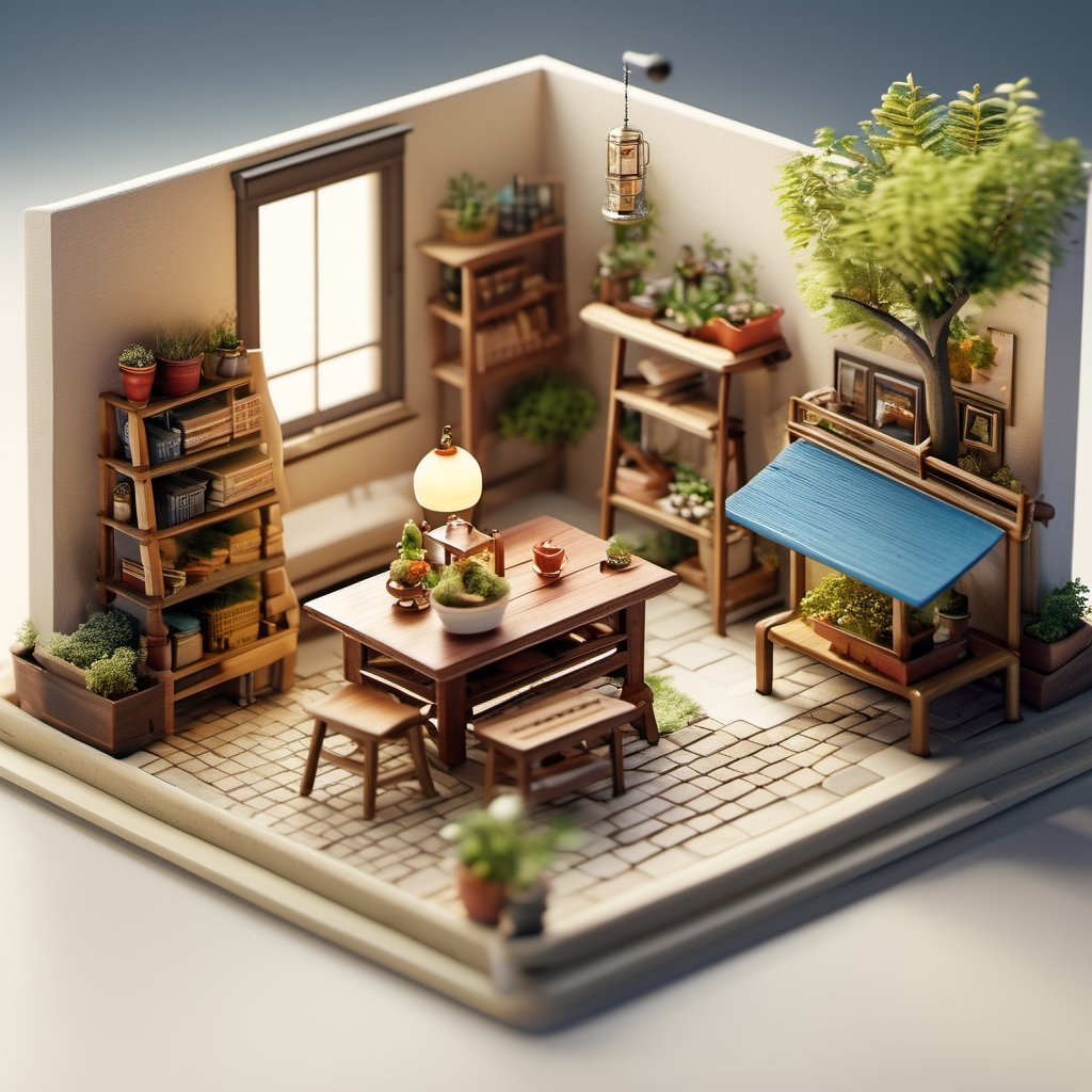 8k, RAW photos, top quality, masterpiece: 1.3), Manchester, United Kingdom in 1985 , miniature, landscape, depth of field, ladder, table, from above, English text, chair, lamp, coffee, architecture, tree, potted plants, isometric style, simple background, white background,3d isometric