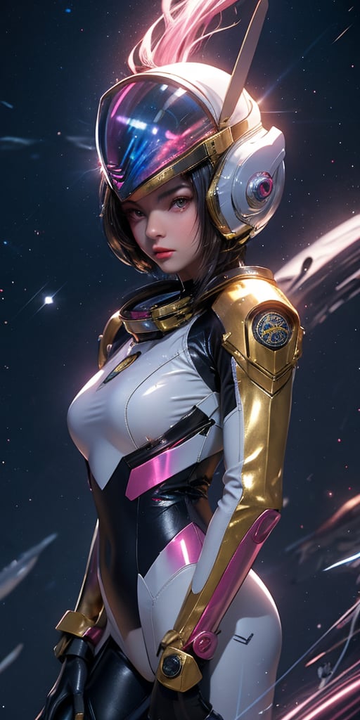 a girl, thunder yellow jacket, tight suit,Space helm of the 1960s,and the anime series G Force of the 1980s,Darf Punk wlop glossy skin, ultrarealistic sweet girl, space helm 60s, holographic, holographic texture, the style of wlop, space, ,helenadouglas