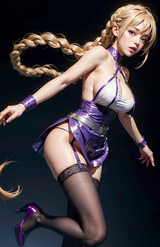 1girl,Long hair , (Long hair past waist braided into a single fishtail braid centered at the back),Layered Bangs, breasts, blush, open mouth, blonde hair, large breasts,  open-back blouse, purple eyes, braid , A closed-lip smile,
 black thighhighs,
purple High-slit sexy patent leather bunny girl costume,
,red high heels
,golden square frame glasses,
garter straps, sideboob , breasts squeezed together , jeanne d'arc \(fate\),Nice legs and hot body,full-body photo,Perfect body,