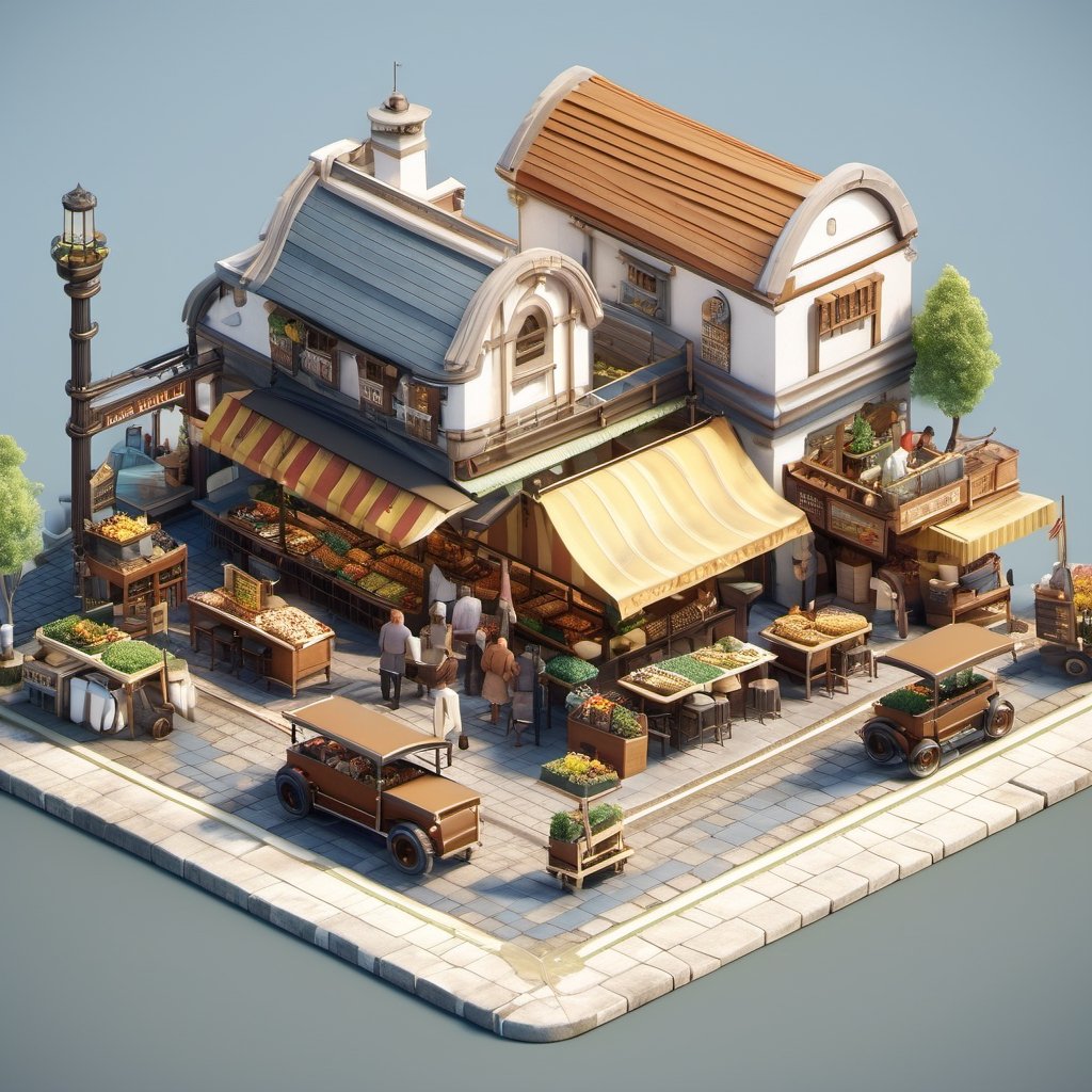 8k, RAW photos, top quality, masterpiece: 1.3),


A bustling market next to the dock, with busy pedestrians, workers, and breakfast stalls.
, miniature, landscape, depth of field, ladder,  from above, English text, isometric style, simple background, white background,3d isometric,steampunk style,ff14bg,DonMSt33lM4g1cXL,DonMD0n7P4n1cXL
