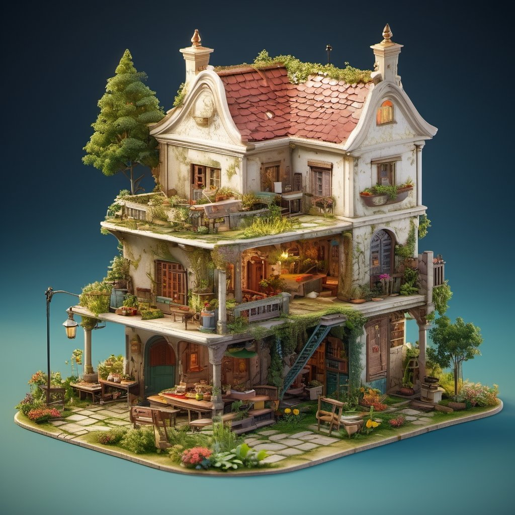 8k, RAW photos, top quality, masterpiece: 1.3), A derelict house with broken windows, leaning pillars, and a garden overrun with weeds., miniature, landscape, depth of field, ladder, table, from above, English text, chair, lamp, coffee, architecture, tree, potted plants, isometric style, simple background, white background,3d isometric