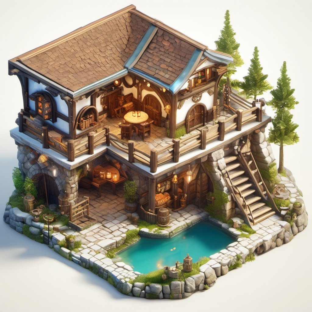 8k, RAW photos, top quality, masterpiece: 1.3),
A fantasy medieval inn
, miniature, landscape, depth of field, ladder,  from above, English text,Ore, cave, torch,Underground lake, isometric style, simple background, white background,3d isometric,steampunk style,ff14bg,DonMSt33lM4g1cXL,DonMD0n7P4n1cXL
