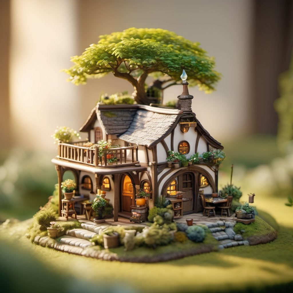 8k, RAW photos, top quality, masterpiece: 1.3), The Shire from "The Lord of the Rings" , miniature, landscape, depth of field, ladder, table, from above, English text, chair, lamp, coffee, architecture, tree, potted plants, isometric style, simple background, white background