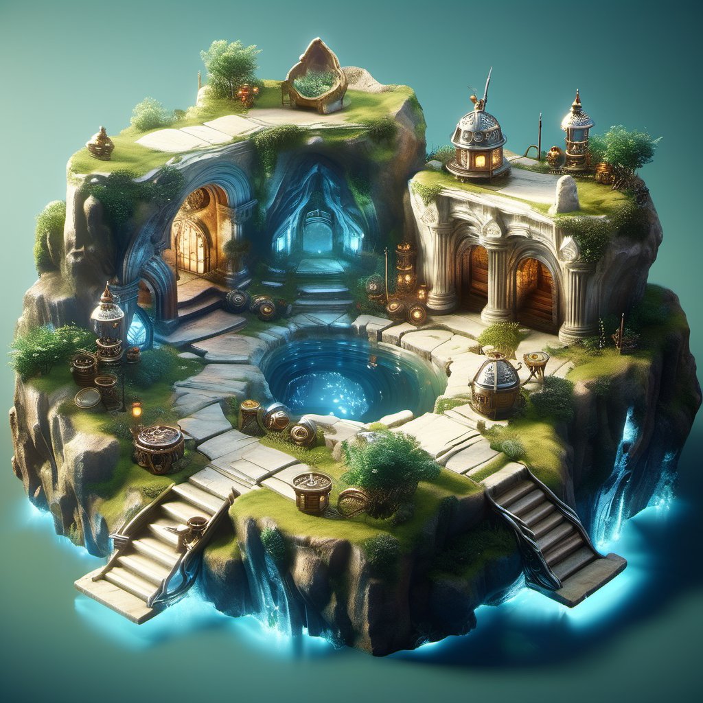 8k, RAW photos, top quality, masterpiece: 1.3),
A fantasy fairy village
, miniature, landscape, depth of field, ladder,  from above, English text,Ore, cave, torch,Underground lake, isometric style, simple background, white background,3d isometric,steampunk style,ff14bg,DonMSt33lM4g1cXL,DonMD0n7P4n1cXL