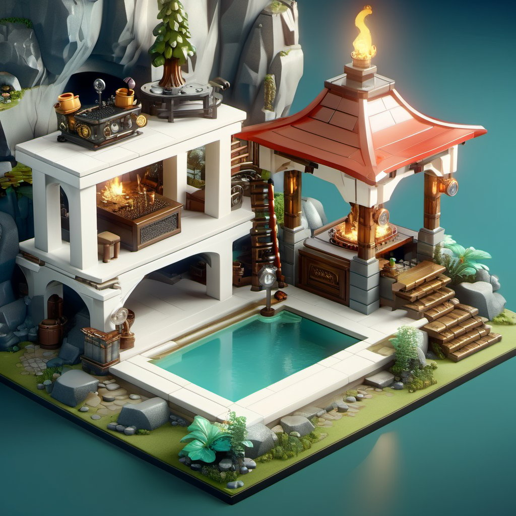 8k, RAW photos, top quality, masterpiece: 1.3),
A fantasy fairy village
, miniature, landscape, depth of field, ladder,  from above, English text,Ore, cave, torch,Underground lake, isometric style, simple background, white background,3d isometric,steampunk style,ff14bg,DonMSt33lM4g1cXL,DonMD0n7P4n1cXL,LEGO MiniFig