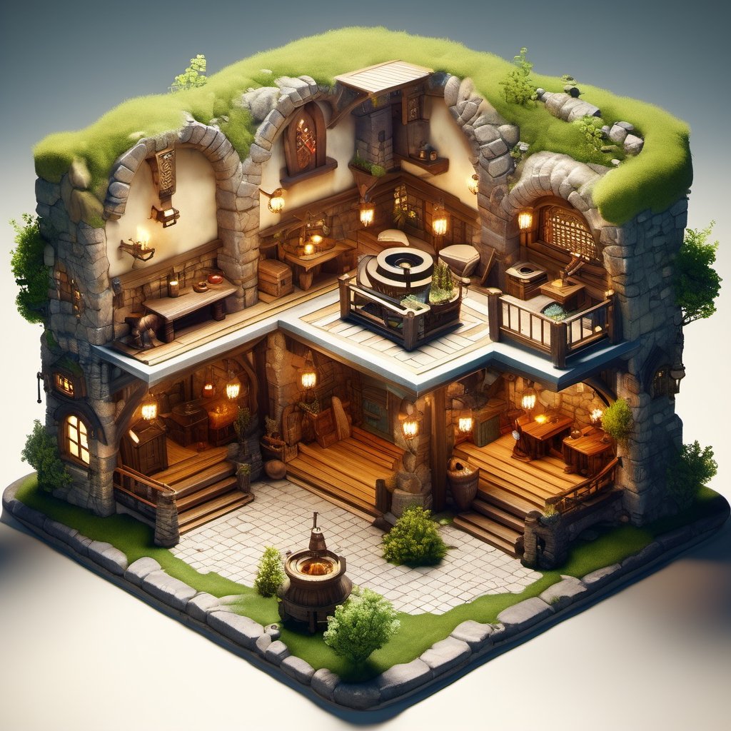 8k, RAW photos, top quality, masterpiece: 1.3),
A fantasy medieval inn
, miniature, landscape, depth of field, ladder,  from above, English text,Ore, cave, torch,Underground lake, isometric style, simple background, white background,3d isometric,steampunk style,ff14bg,DonMSt33lM4g1cXL,DonMD0n7P4n1cXL
