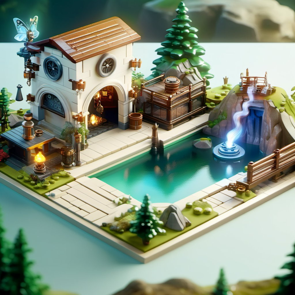 8k, RAW photos, top quality, masterpiece: 1.3),
A fantasy fairy village
, miniature, landscape, depth of field, ladder,  from above, English text,Ore, cave, torch,Underground lake, isometric style, simple background, white background,3d isometric,steampunk style,ff14bg,DonMSt33lM4g1cXL,DonMD0n7P4n1cXL,LEGO MiniFig