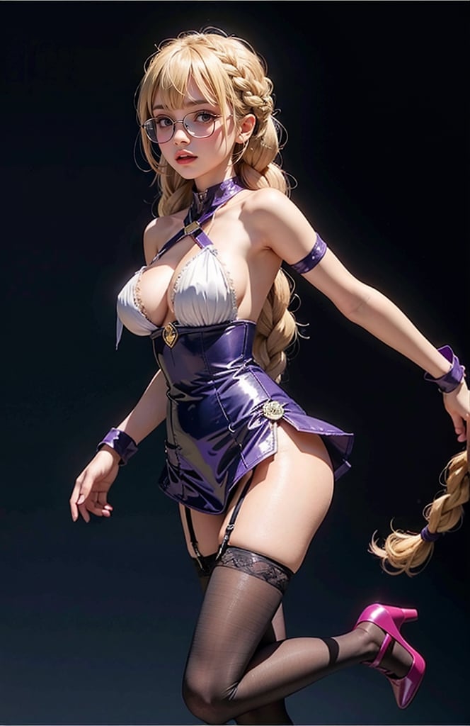 1girl,Long hair , (Long hair past waist braided into a single fishtail braid centered at the back),Layered Bangs, breasts, blush , blonde hair, large breasts,  purple eyes, braid , A closed-lip smile,
 black thighhighs,
purple High-slit sexy patent leather bunny girl costume,
,red high heels
,golden square frame glasses,
garter straps
 , jeanne d'arc \(fate\),Nice legs and hot body,full-body photo,Perfect body,